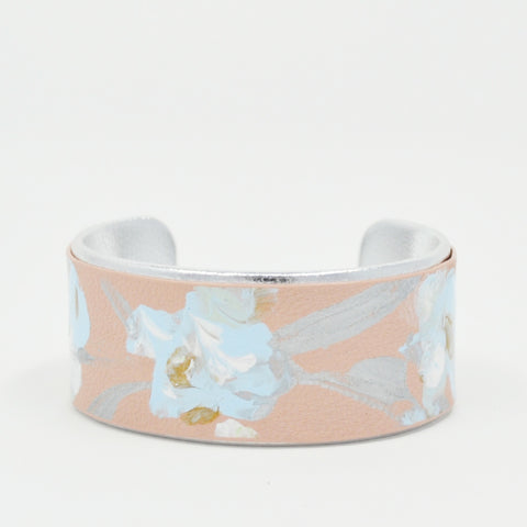1' Light Blue White Flowers on Blush Leather with Silver Liner