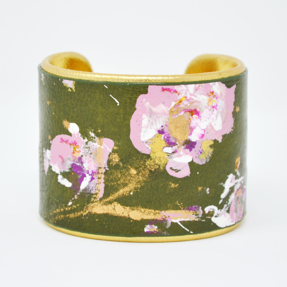 2' Pink White Flowers on Olive Leather with Gold Liner